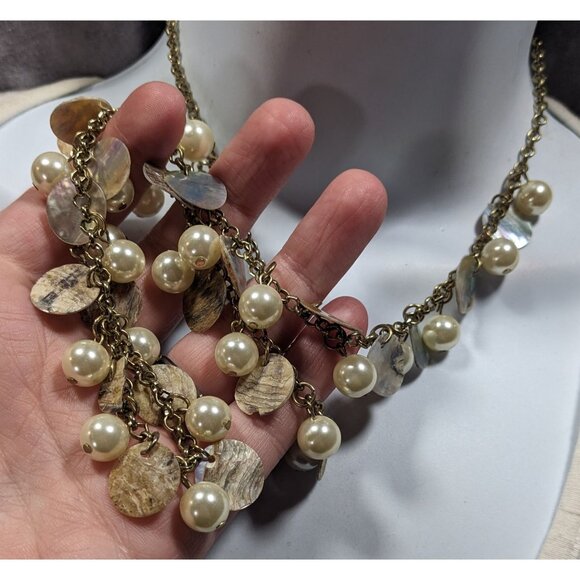 Bohemian Glam Faux Pearl Shell Disc Charm Necklace - Picture 3 of 7